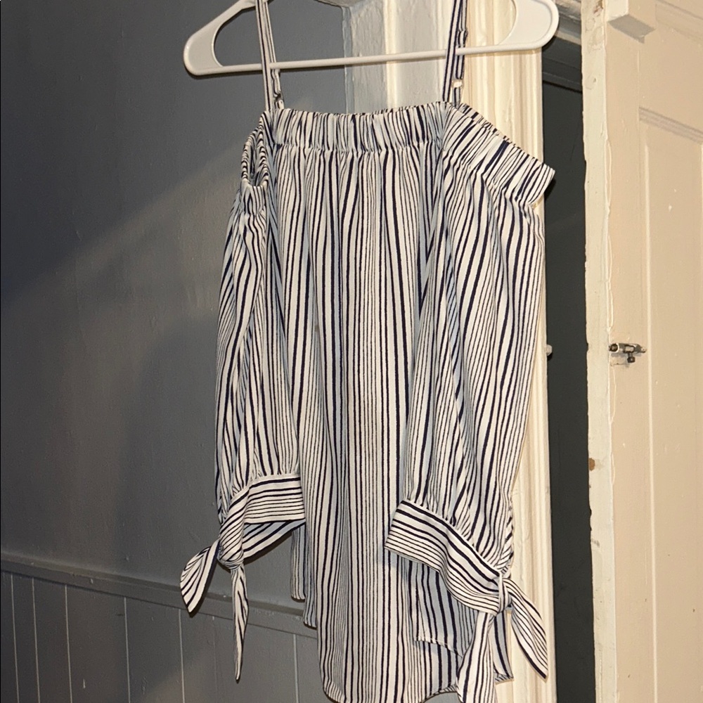 A. Byer Navy and White Striped Off-Shoulder Top